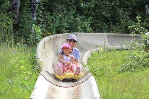 A woman and a child joyfully ride down a slide surrounded by greenery on a sunny day.