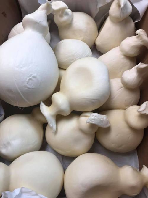 A box filled with various shapes of fresh mozzarella cheese, some round and others resembling small gourds.