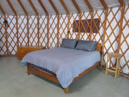 A cozy yurt interior featuring a wooden bed with gray bedding, a nightstand, and a warm, rustic atmosphere.