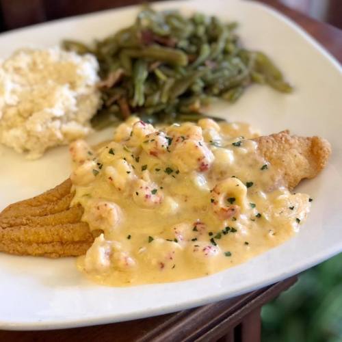 A plate featuring fried fish topped with creamy shrimp sauce, served with green beans and a side of rice.