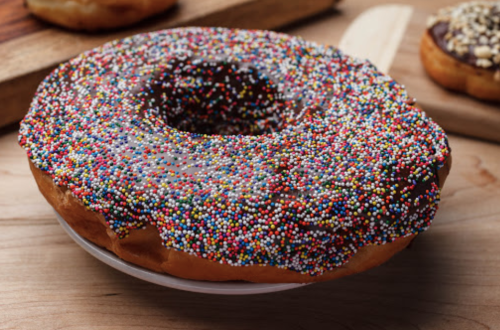 A large donut topped with chocolate icing and colorful sprinkles, placed on a white plate.