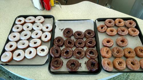 Three trays of assorted donuts: glazed, chocolate frosted, and cinnamon sugar varieties on a countertop.