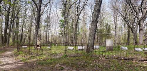 A secluded cemetery surrounded by trees, featuring a rusted fence and several gravestones in a grassy area.