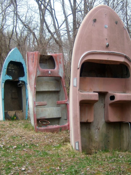 Three overturned boats in a grassy area, surrounded by bare trees, with a mix of blue and pink colors.