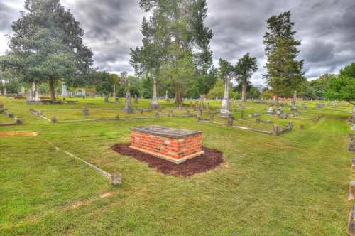 A cemetery scene featuring a brick grave surrounded by grass and trees under a cloudy sky.