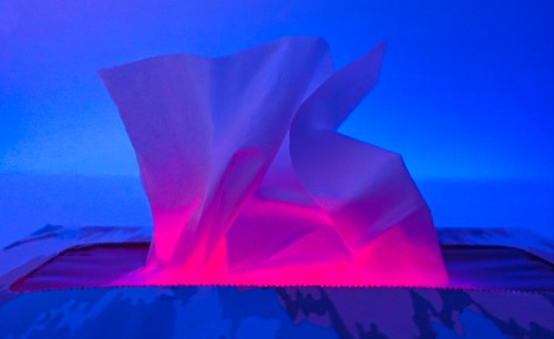 A tissue box with a few tissues partially pulled out, illuminated by a soft blue and pink light.