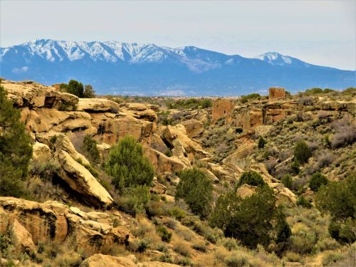 A rocky landscape with shrubs and distant snow-capped mountains under a cloudy sky. Ancient ruins are visible in the foreground.