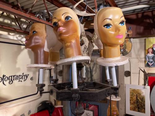 Four mannequin heads with distinct facial features and hairstyles displayed on a rotating stand in a studio setting.