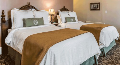 A cozy hotel room featuring two beds with white linens and brown throws, a lamp, and a framed picture on the wall.
