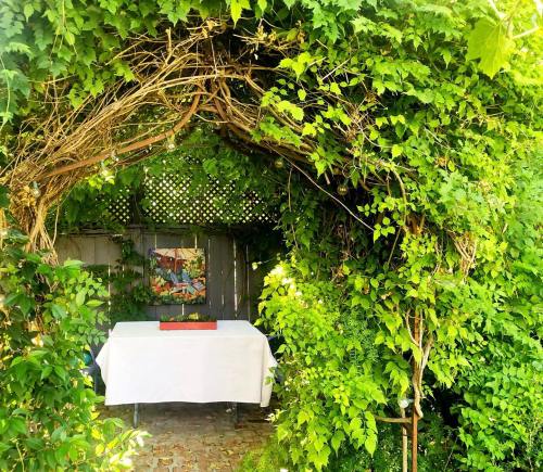A lush green archway leads to a table covered with a white cloth, surrounded by vibrant foliage.