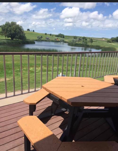 A scenic view from a deck overlooking a calm lake surrounded by greenery and blue skies with fluffy clouds.