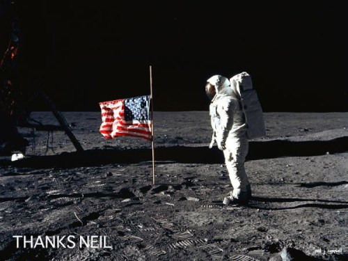 Astronaut on the moon beside an American flag, with a dark lunar landscape in the background. Text: "THANKS NEIL."