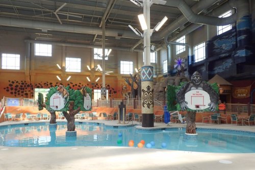Indoor water park featuring a pool with colorful floats, tropical-themed decor, and large tree sculptures.