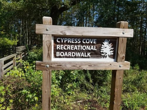 Sign for Cypress Cove Recreational Boardwalk surrounded by greenery and trees.