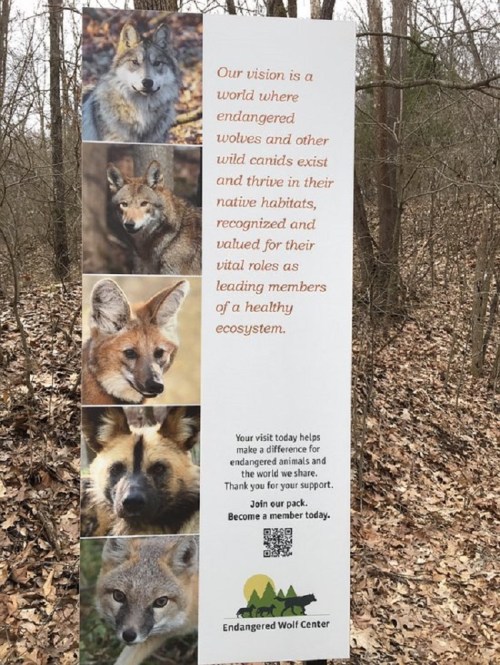 Sign featuring images of wolves and foxes, promoting the Endangered Wolf Center and its conservation efforts.