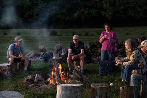 A group of people gathered around a campfire, roasting marshmallows and enjoying the outdoors in a grassy area.
