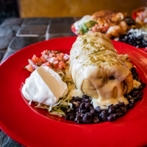 A plate featuring a smothered burrito with black beans, lettuce, pico de gallo, and a dollop of sour cream.