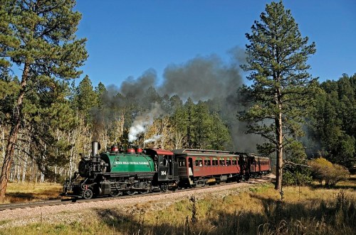 A vintage steam train travels through a forested area, emitting smoke against a clear blue sky.