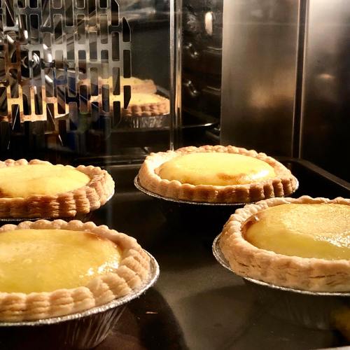 Four golden custard tarts in a baking tray, with a shiny crust, inside an oven.