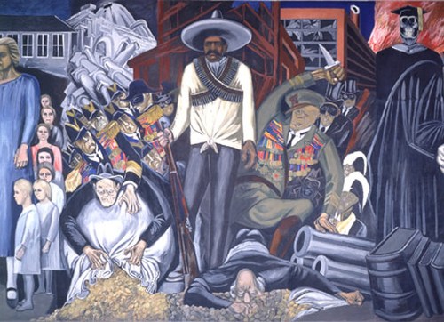 A vibrant mural depicting historical figures, revolutionaries, and scenes of struggle, blending various artistic styles.