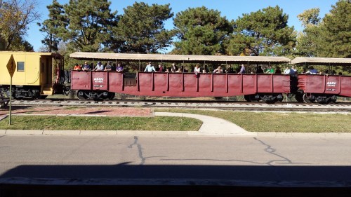 A train with passengers in open cars travels along a track, surrounded by trees and a clear blue sky.