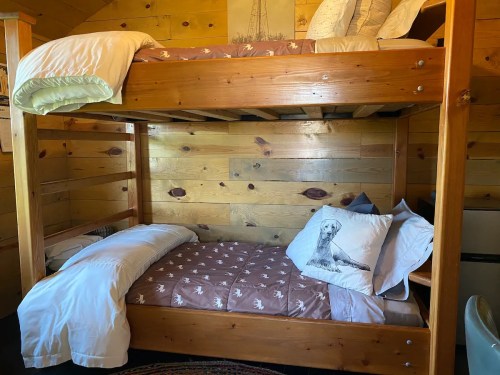 A cozy wooden bunk bed with a top and bottom mattress, featuring decorative pillows and a rustic wooden wall.