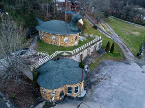 A unique stone house shaped like a duck, featuring a large duck head and a green roof, surrounded by trees and grass.