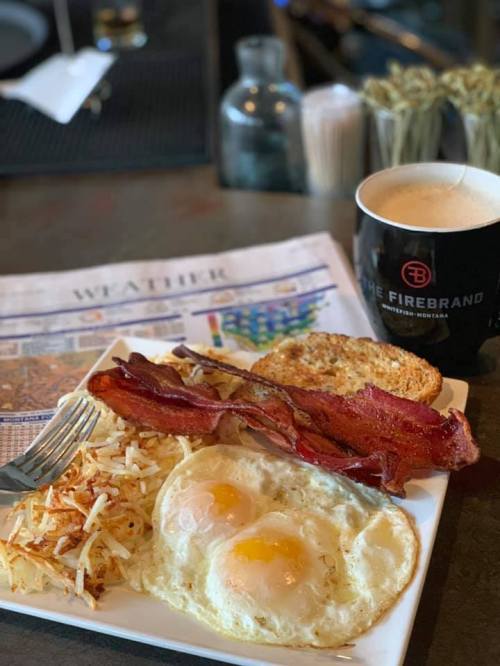 A plate of breakfast with two fried eggs, bacon, hash browns, toast, a coffee cup, and a newspaper in the background.