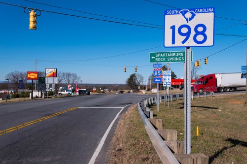 Road sign for South Carolina Route 198, with traffic lights and nearby businesses visible in the background.
