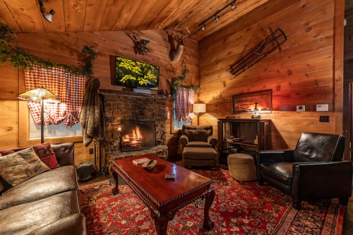 Cozy cabin interior with wooden walls, a stone fireplace, comfortable seating, and rustic decor.