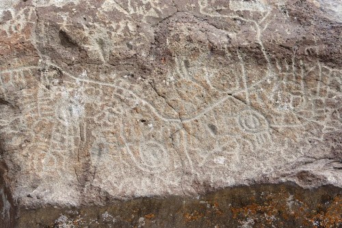 Petroglyphs carved into a rocky surface, depicting abstract figures and patterns.