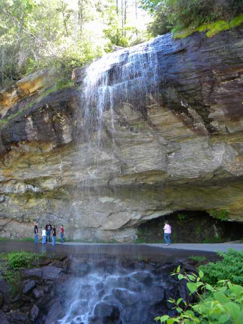 A waterfall cascades over a rocky cliff, with people standing nearby, surrounded by lush greenery.