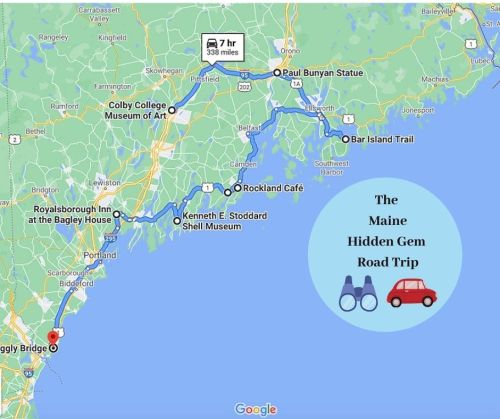 Map showing a road trip route in Maine, highlighting stops like Bar Island Trail and Rockland Café, with travel time and distance.