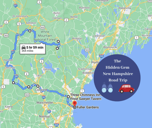 Map showing a road trip route in New Hampshire, highlighting stops at Three Chimneys Inn and Frost Sawyer Tavern.