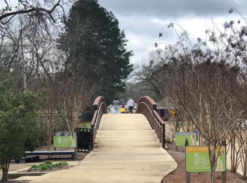 A curved bridge in a park with two people walking towards the other side, surrounded by trees and signs.