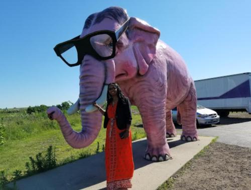 A woman in a red dress stands next to a large pink elephant statue wearing oversized glasses against a clear blue sky.