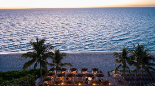 A serene beach at sunset, featuring palm trees and umbrellas set up on the sand near calm ocean waves.