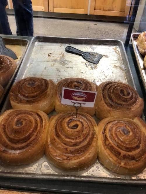 A display of freshly baked cinnamon rolls in a glass case, with a label indicating they are plain and toasted.