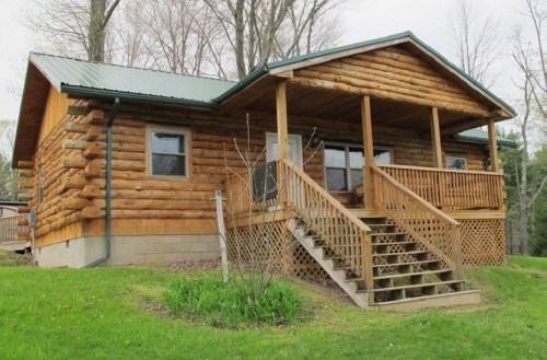 A rustic log cabin with a green metal roof, wooden porch, and steps, surrounded by greenery and trees.