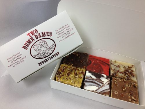 A box of assorted fudge pieces in various flavors, featuring a logo for "Two Dumb Danes Fudge Factory."