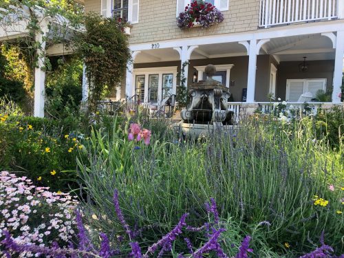 A charming house with a fountain surrounded by colorful flowers and lush greenery in a sunny garden setting.