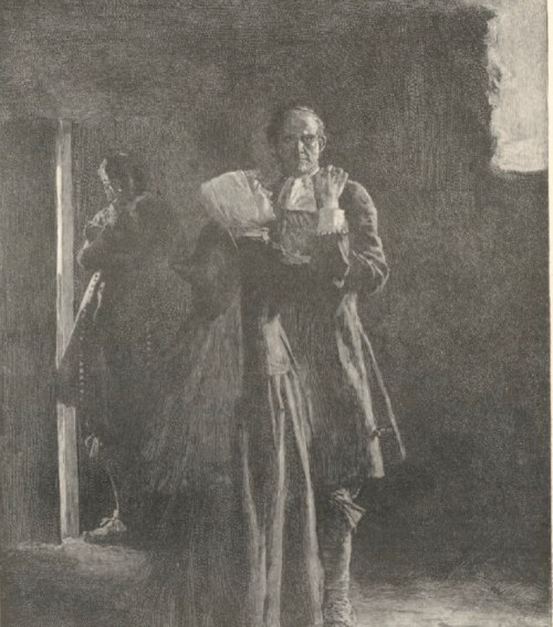 A historical scene featuring a man in period clothing holding a fan, with a woman partially visible in the background.