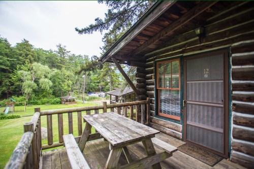 A rustic log cabin with a wooden porch and picnic table, surrounded by trees and greenery.