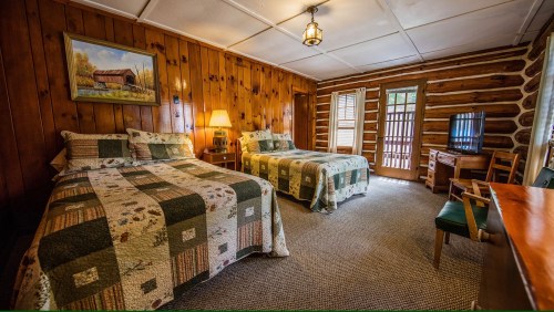 Cozy log cabin room with two beds, rustic decor, a TV, and a door leading to an outdoor area.