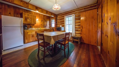 Cozy log cabin kitchen with wooden walls, a dining table, chairs, and a refrigerator, illuminated by a hanging lamp.