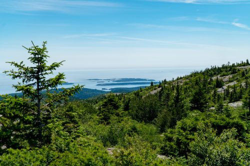 A scenic view of lush green hills leading to a calm ocean with distant islands under a clear blue sky.