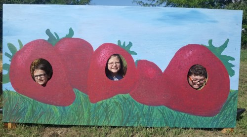 Three children peek through cut-out holes in a large strawberry mural, smiling against a blue sky and green grass backdrop.