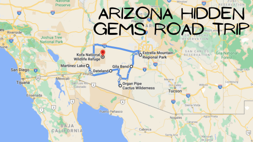 Map of Arizona highlighting a road trip route to hidden gems, including Kofa National Wildlife Refuge and Organ Pipe Cactus.