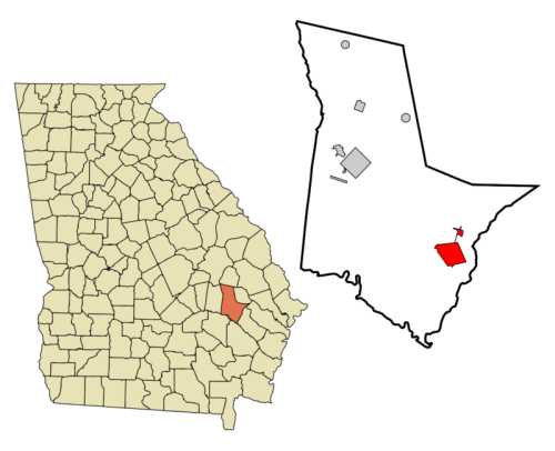 Map showing the location of a county in Georgia, with a highlighted area indicating a specific city or region within it.