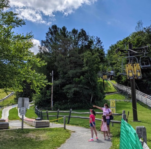 Three children point towards a hillside with a ski lift and slide, surrounded by trees and a blue sky.